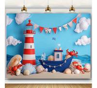 1 pièce Fond de gâteau nautique - Thème de marin fantaisie avec voiliers colorés, phare, coquillages et crabes - Matériau en polyester, idéal pour un anniversaire, un enterrement de vie de jeune fille