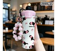 1 pièce Gobelet isotherme en acier inoxydable 600ML, avec imprimé chat, sangle rose perle et cordon en silicone noir, couvercle et paille en silicone, convient pour le café, le thé, le jus, les boisso