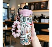 1 pièce Gobelet isotherme en acier inoxydable 600ML, avec imprimé stylisé, sangle rose perle, paille en silicone, convient pour le café, le thé, le lait, le jus, les boissons chaudes et froides, pour 