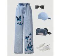 1 pièce Jeans à jambe droite pour préadolescentes, design américain "The Blue Butterfly", automne/hiver 8Y,9Y,10Y,11Y,12YAnimal,PapillonJean
