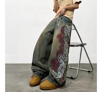 1 pièce Jeans amples à jambe large style coréen brodé Justice Brother, pantalon confortable pour toutes les saisons (hors ceinture/accessoires) L,M,S,XL,XS,XXLCoutume populaireJean