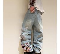 1 pièce Jeans décontractés à jambe large, coupe ample, bleu clair délavé, avec design brodé de mode de rue coréenne Justice Brother (ceinture et accessoires non inclus) L,M,S,XL,XS,XXLJean