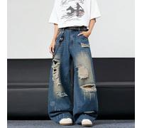 1 pièce Jeans en denim bleu délavé et déchiré, style vintage américain Justice Brother, mode de niche personnalisée. Pantalon ample et large décontracté (hors ceinture/accessoires) L,M,S,XL,XS,XXLUnic