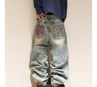1 pièce Jeans en denim bleu vintage brodé Justice Brother, pantalon décontracté ample à jambes larges, marque (ceinture et accessoires non inclus) L,M,S,XL,XS,XXLCoutume populaireJean