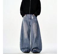 1 pièce Jeans vintage délavé à coupe ample et jambe large Justice Brother, style américain et polyvalent L,M,S,XL,XS,XXLBlocs de couleurJean