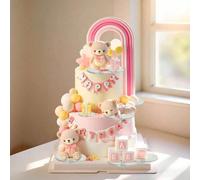 1 pièce Joli gâteau décoratif ourson, décoration de gâteau avec nœud rose, arche à rayures nœud-en-ciel, boîte-cadeau rose, nuage d'étoiles roses. Convient pour les baptêmes, anniversaires, gender rev
