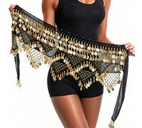 1 pièce Jupe de hanche style sari égyptien pour femme, sexy, avec pièces de monnaie, franges à pompons et sequins, foulard de taille enveloppant, costume de danse du ventre bohème exotique, accessoire