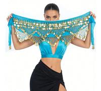 1 pièce Jupe de hanche style sari égyptien pour femmes, sexy avec pièces de monnaie, franges à pompons et paillettes, foulard de taille, jupe enveloppante bohème exotique pour costume de danse du vent