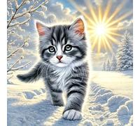 1 pièce Kit de peinture de diamant ronde sans cadre - Thème du chat dans la neige, art de diamant pleine percée, ensemble d'artisanat de mosaïque sur canevas DIY comprenant un stylo, de la colle, un p