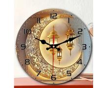 1 pièce Lampe de lune dorée 10"/12" Horloge murale de Ramadan - Silencieuse, surface en bois ronde, design d'architecture islamique - Fonctionne sur piles (piles non incluses) - Idéal pour la décorati