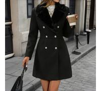 1 pièce Manteau en tissu tissé de couleur unie avec col en fourrure et doublure, léger, convient pour le début du printemps, le thé, l'aéroport, les vacances, le bureau quotidien et les sorties Noir L