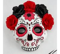 1 pièce Masque de crâne floral du Jour des Morts, masque de demi-visage de crâne de sucre à fleurs rouge et noir, masque de costume de fête d'Halloween pour femmes Dia de los Muertos mexicain, masque 