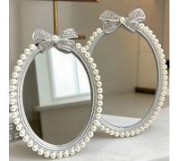 1 pièce Miroir de maquillage vintage avec nœud de perles, cadre ovale argenté créatif 4x6/5x7 pouces, décoration de vanité élégante, miroir de bureau, convient pour la chambre, cadeau réfléchi unique 