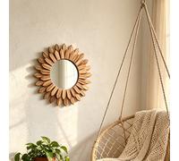 1 pièce Miroir soleil en bois de 30 cm, petit miroir mural rond à rayons de soleil, miroir décoratif suspendu de style bohème nordique japonais, cadre en bois naturel, art mural, convient pour le salo