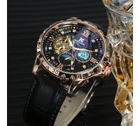 1 pièce Montre mécanique automatique de luxe mode pour homme, boîtier en or rose, affichage de phase de lune, aiguilles lumineuses, décor de diamant, cadran noir, multifonction, marque de premier plan