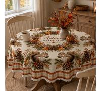 1 pièce Nappe de table beige avec motif écureuil d'automne, nappe de table en polyester de style ferme avec couronne de pommes de pin, feuille d'automne, baie rouge, bordure à carreaux & motif animal 