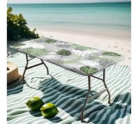 1 pièce Nappe élastique imprimée feuille tropicale - motif vert et blanc, en polyester tissé, rectangulaire pour l'extérieur, convient pour le patio et le jardin, nappe de jardin | Thème tropical | Ti