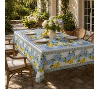1 pièce Nappe en polyester avec imprimé de citron méditerranéen & d'hortensia, motif floral de carreaux bleus italiens, optionnel rond/rectangulaire, convient pour la cuisine, la salle à manger, le ja