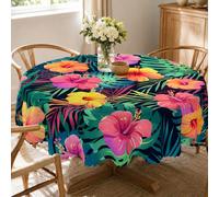 1 pièce Nappe en polyester avec imprimé tropical d'hibiscus et de feuilles de palmier, ronde/rectangulaire au choix, imperméable, anti-huile, anti-taches, lavable, convient pour les fêtes hawaïennes,