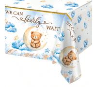 1 pièce Nappe jetable de 220*130 cm avec motif d'ours bleu de bande dessinée, décorations pour baby shower "We Can Bearly Wait Babe", décorations de fête d'anniversaire heureuses, accessoires de maria