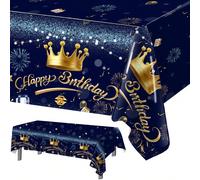1 pièce Nappe thème anniversaire bleu & or, Nappe PE bleu marine & or imprimé couronne Joyeux Anniversaire, Nappe décoration fête anniversaire et vacances, Fournitures de décoration de fête, Chemin de