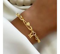1 pièce Nouveau bracelet classique en acier inoxydable avec chaîne et broche en forme de cœur avec lettre dorée, pour femmes L,M,S,H,A,T,O,B,C,D,E,F,G,I,J,K,N,P,R,V,W,Y,ZAcier inoxydable