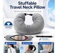 1 pièce Nouveau coussin de voyage en forme de U, coussin de cou remplissable de vêtements, coussin de cou de voyage portable, coussin essentiel de vol à transporter quotidiennement, essentiel de voyag