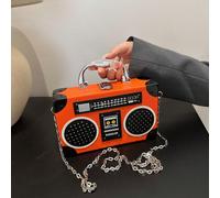 1 pièce Nouveau sac à main orange en forme de radio, sac boîte musical assorti de mode avec sangle à chaîne en métal pour porter en bandoulière, étui rigide, cadeau intéressant, design de haut-parleur
