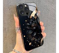 1 pièce Nouvelle mode Étui de téléphone en verre trempé haute définition avec motif de lotus noir et paillettes dorées, compatible avec iPhone 17 Pro Max/17 Air/16 Pro Max/15/14 Plus/13/12/11/XR/8P et
