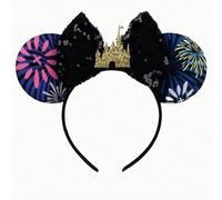 1 pièce Oreilles mignonnes de Minnie Mouse en dessin animé, design de château à paillettes noires, motif coloré de feux d'artifice et de fleurs, oreilles élégantes et adorables avec un nœud de château