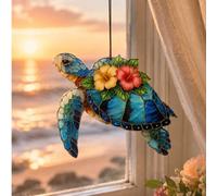 1 pièce Ornement suspendu de tortue de mer florale tropicale avec jeu d'ombre et de lumière, Décoration de fenêtre suspendue de tortue de mer florale bleu océan, Décoration de fenêtre en acrylique de 