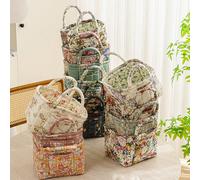 1 pièce Panier de rangement matelassé à imprimé floral, grande capacité, sac de rangement portable moyen pliable, panier à collation avec poignée pour femmes et filles, panier de rangement pour cosmét