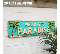 1 pièce Panneau de bienvenue en métal 2D - Paradis, plat 2D, décoration murale tropicale vintage avec bords turquoise et corail patinés, taille 9,91 x 39,88 cm, sans électricité requise, convient pour