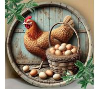 1 pièce Panneau mural rond en métal vintage de 20,32 x 20,32 cm avec motif de poule et d'œuf, convient pour la cuisine, la chambre, la salle à manger, le bar - design unique, facile à accrocher, résis