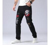 1 pièce Pantalon de jogging streetwear pour hommes, avec motif brodé de crâne et rose, détails de poches, tissu respirant avec déchirures, coupe épaisse pour les quatre saisons. Convient pour la march