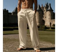 1 pièce Pantalon décontracté ample en lin mélangé kaki clair avec cordon de serrage, style léger d'été (le tissu fin peut se froisser facilement et avoir une légère transparence, à prendre en compte s