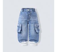 1 pièce Pantalon mi-long en denim délavé bleu clair style cargo ample pour bébé garçon, printemps-été 2026. Avec grandes poches 3D sur les côtés. Pantalon cargo mi-long confortable et polyvalent pour