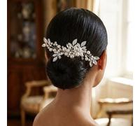 1 pièce Peigne à cheveux vintage en argent avec grappe de perles, accessoire de coiffure de mariée fait main avec feuille texturée et cristal, accessoire de cheveux élégant pour mariage et fête Taille