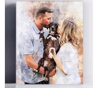 1 pièce Peinture à l'aquarelle encadrée à partir d'une photo, portrait de chien personnalisé à l'aquarelle, couple avec chien, idée de cadeau personnalisé, art sur canevas, cadeaux pour animal de comp