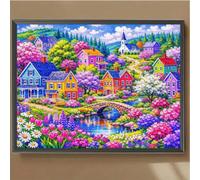 1 pièce Peinture de diamant de ville colorée de printemps, paysage de campagne vibrant et guérisseur avec des cottages colorés dispersés, un pont en pierre, un ruisseau et une forêt en fleurs, art mur