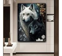 1 pièce Peinture de diamant ronde complète sans cadre de couple de loups 30x40cm ou 40x50cm, kit de point de croix de broderie de diamant d'animaux d'amour d'image de mosaïque de décoration de maison 