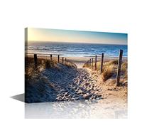 1 Pièce Peinture sur toile Paysage de Hollande Chemin de sable vers la côte de la mer du Nord au coucher du soleil Image de bord de mer pour décoration de salon/chambre à coucher Cadrée et prête à