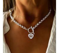 1 pièce Pendentif minimaliste en argent en forme de cœur creux avec fermoir en T et collier avec chaîne en acier inoxydable, pour femmes L,M,S,H,A,T,O,B,C,D,E,F,G,I,J,K,N,P,R,V,W,Y,ZAcier inoxydable