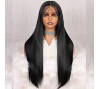 1 pièce Perruque synthétique très douce à front en dentelle, cheveux noirs soyeux lisses, super longue de 32 pouces, densité de 180, pour femmes, avec ligne de cheveux naturelle et cheveux bébé afro l