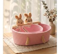 1 pièce pièce/2 pièces (S+M) Panier de rangement tressé en corde de coton avec motif de lapin de dessin animé mignon, seau de rangement de bureau multi-tailles, convient pour les cosmétiques, les arti