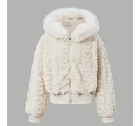 1 pièce pièce Veste courte à capuche noire pour filles, jacquard cœur, double face en polaire, manches longues, fermeture éclair avant, avec bordure en fourrure et ourlet à revers, vêtement d'extérieu
