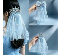 1 pièce Pince à cheveux couronne nœud cristal flocon de neige bleu glace, accessoire cheveux princesse fée ruban tulle long pour femmes Barrette nœud papillon bleue,Barrette couronne bleueAnimal,graph