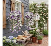 1 pièce Plante florale suspendue en soie artificielle, pensée tricolore avec feuilles d'eucalyptus, décoration réaliste résistante aux UV pour jardinières d'extérieur, balcon, jardin au printemps et e