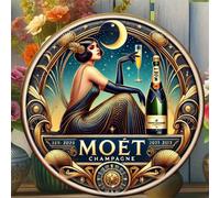 1 pièce Plaque métallique ronde vintage Moët Champagne - Bel art mural de dame avec ciel nocturne et étoiles, idéal pour la décoration de la maison, du bar, du café ou du garage - Idée de cadeau uniqu