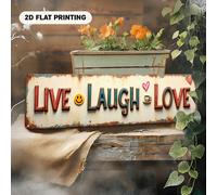 1 pièce Plaque murale plate en métal 2D avec la phrase "Live Laugh Love", motifs de cœur et de visage, style ferme vintage, taille 3,94 x 15,75 pouces (10 x 40 cm), bords blancs et bruns usagés, convi
